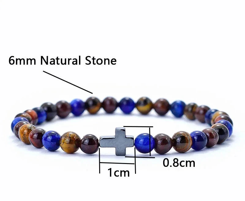 Minimalistisches Armband mit Kreuz – 6mm Tigerauge Naturstein Design