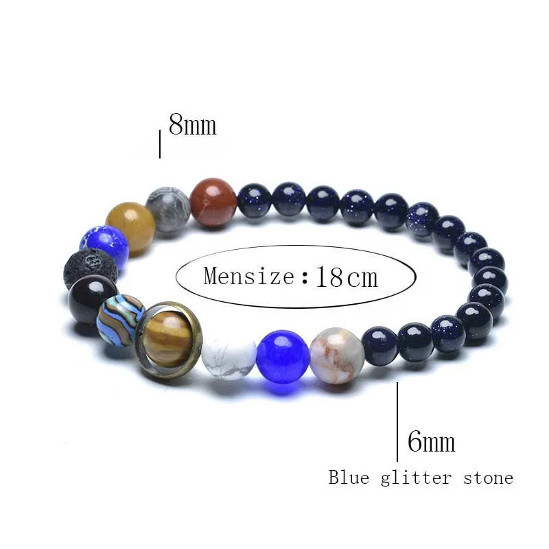 Einzigartiges Armband mit Acht Planeten – 6mm, 8mm Natürlicher Vulkanstein, Lapislazuli, Chakra-Armband