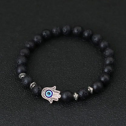 Evil Eye Armband mit Fatima Hand – 8mm Lava- und Lapislazuli-Perlen, Design aus Naturstein