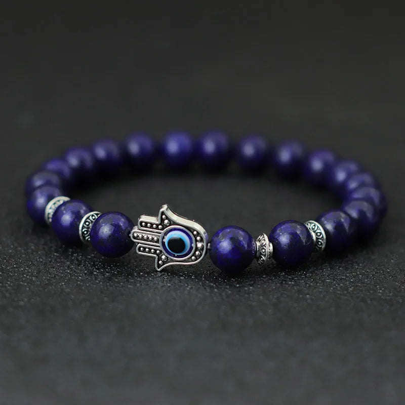 Evil Eye Armband mit Fatima Hand – 8mm Lava- und Lapislazuli-Perlen, Design aus Naturstein