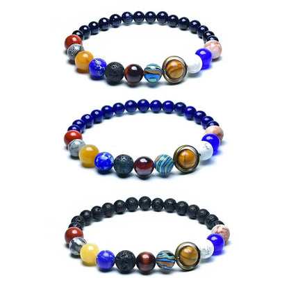 Einzigartiges Armband mit Acht Planeten – 6mm, 8mm Natürlicher Vulkanstein, Lapislazuli, Chakra-Armband