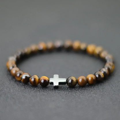 Minimalistisches Armband mit Kreuz – 6mm Tigerauge Naturstein Design