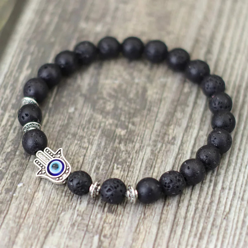 Evil Eye Armband mit Fatima Hand – 8mm Lava- und Lapislazuli-Perlen, Design aus Naturstein