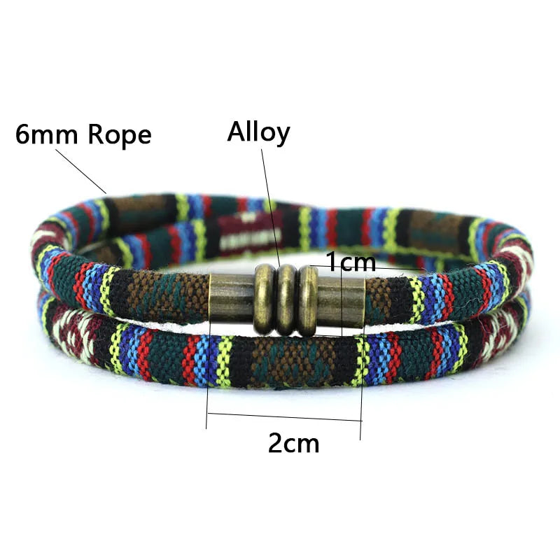 Bohemisches Cord-Armband – 6mm Doppellagiges Armband mit Tibetischen Symbolen, Magnetverschluss und Ethnischem Stoffdesign