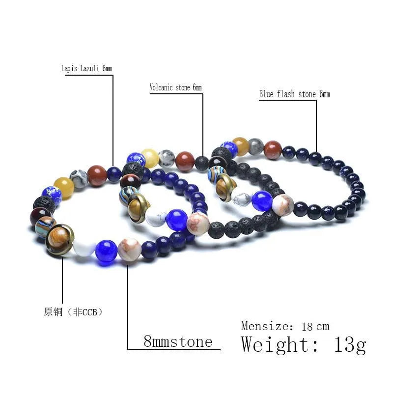 Einzigartiges Armband mit Acht Planeten – 6mm, 8mm Natürlicher Vulkanstein, Lapislazuli, Chakra-Armband