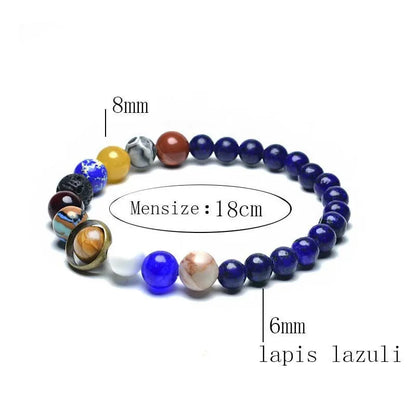 Einzigartiges Armband mit Acht Planeten – 6mm, 8mm Natürlicher Vulkanstein, Lapislazuli, Chakra-Armband