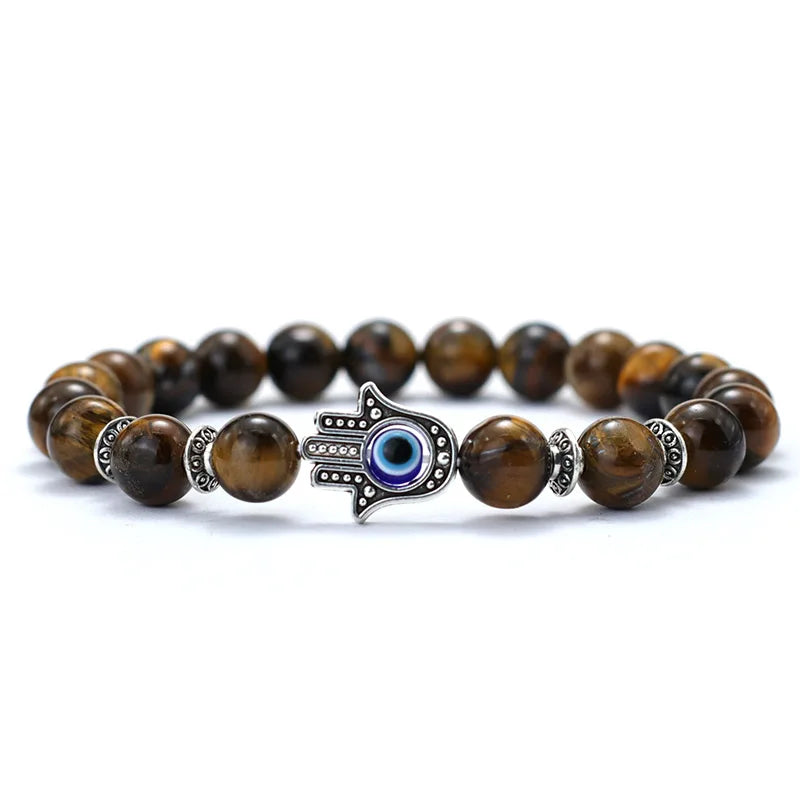 Evil Eye Armband mit Fatima Hand – 8mm Lava- und Lapislazuli-Perlen, Design aus Naturstein